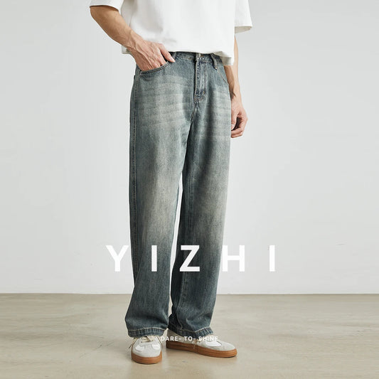 YIZHI Men’s Retro Washed Straight Jeans – Spring & Autumn Loose-Fit Casual High-Street Trousers with Button Detail