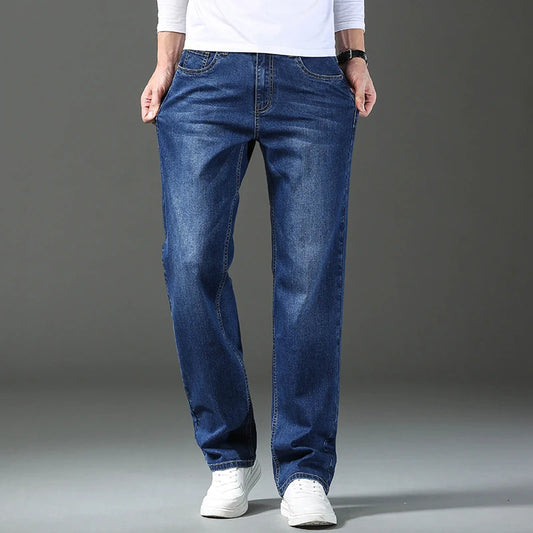 Men’s Spring/Summer Thin Blue Jeans – Classic Loose Straight Stretch Denim Pants, Plus Size (40–44)