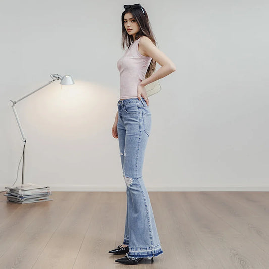 MADEN Vintage 9oz Ripped Bell-Bottom Jeans – Women’s Slim Fit Distressed Light Blue Flared Denim for Streetwear