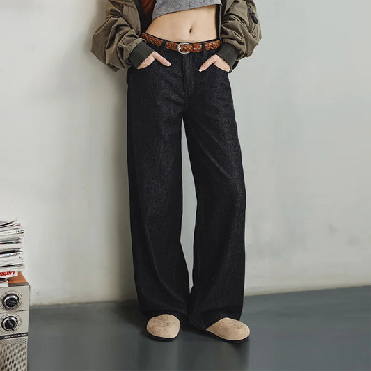 MADEN Women’s Retro Black Wide-Leg Jeans – Straight Casual Loose Pants with Zipper for Spring & Autumn Streetwear