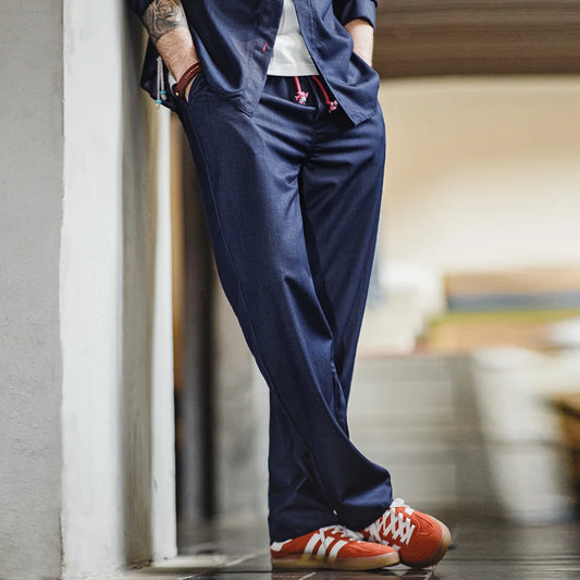 MADEN Men’s Vintage Loose Casual Denim Pants – Mid-Waist Straight Trousers with Elastic Waist, Breathable Solid Color