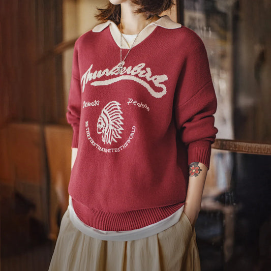 Maden Women’s Red Jacquard Knit Sweater – Thick Warm V-Neck Pullover with Vintage Colorblock Design