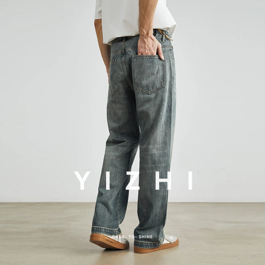 YIZHI Men’s Retro Washed Straight Jeans – Spring & Autumn Loose-Fit Casual High-Street Trousers with Button Detail