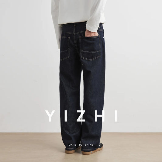 YIZHI Men’s Classic Straight-Leg Jeans – Wide-Leg Blue Denim, Vintage High-Street Casual Trousers
