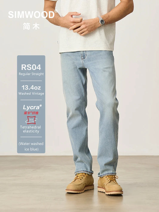 SIMWOOD Washed Vintage Denim Trousers — 13.4oz Elastic Fabric Men’s Jeans, Plus Size, Autumn 2025