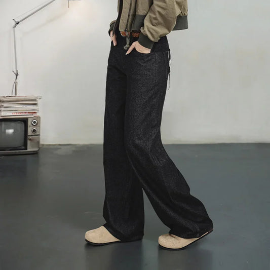 MADEN Women’s Retro Black Wide-Leg Jeans – Straight Casual Loose Pants with Zipper for Spring & Autumn Streetwear
