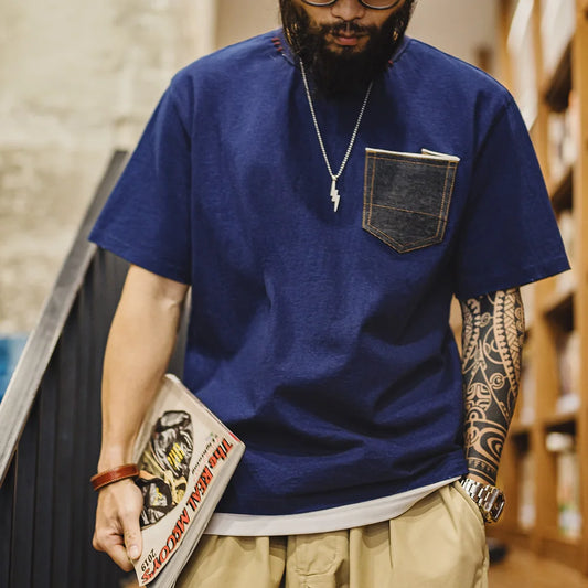 Maden Men’s Vintage Indigo-Dyed Denim Patchwork T-Shirt, Heavyweight Cotton Short Sleeve Crewneck