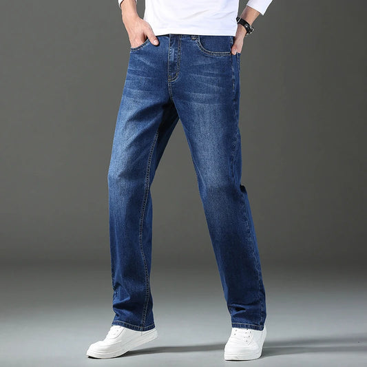 Men’s Spring/Summer Thin Blue Jeans – Classic Loose Straight Stretch Denim Pants, Plus Size (40–44)