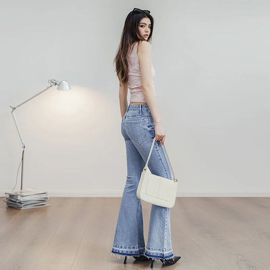 MADEN Vintage 9oz Ripped Bell-Bottom Jeans – Women’s Slim Fit Distressed Light Blue Flared Denim for Streetwear