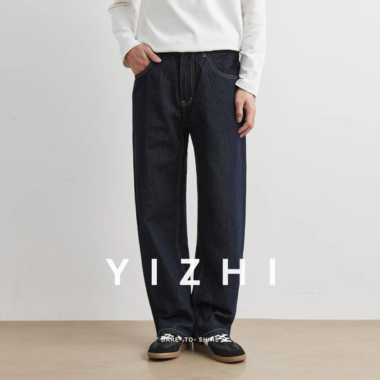 YIZHI Men’s Classic Straight-Leg Jeans – Wide-Leg Blue Denim, Vintage High-Street Casual Trousers