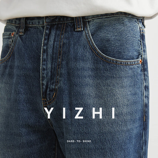 YIZHI Men’s Blue Washed American-Style Jeans – Straight Loose Wide-Leg Retro Casual Pants, Plus Size