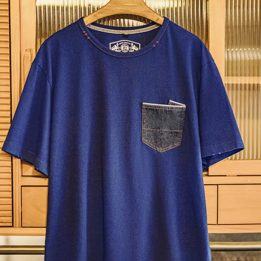 Maden Men’s Vintage Indigo-Dyed Denim Patchwork T-Shirt, Heavyweight Cotton Short Sleeve Crewneck