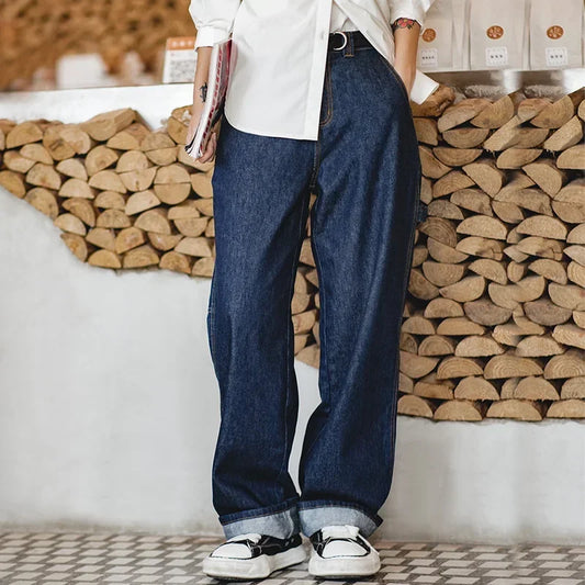 Maden Women’s Vintage Navy Blue Baggy Straight Denim Jeans with Cargo Pockets